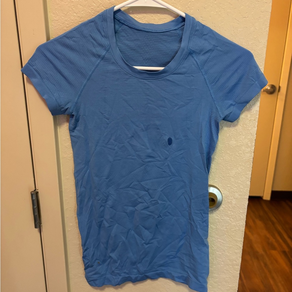 lululemon athletica Sky Blue Short Sleeve Tee (has a super glue stain)